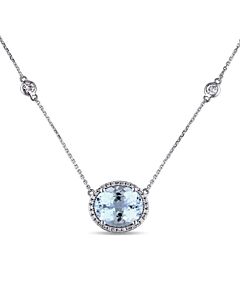 AMOUR 5 CT TGW Aquamarine and White Sapphire and 1/6 CT TW Diamond Halo Station Necklace In 14K White Gold