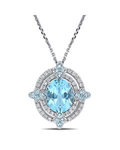 AMOUR 6 1/5 CT TGW Sky-blue Topaz and 1/2 CT TW Diamond Circular Double Halo Pendant with Chain In 14K White Gold