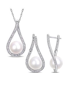 AMOUR 2-piece Set Of 9 - 9.5 Mm Cultured Freshwater Pearl and 1/2 CT TW Diamond Teardrop Earrings and Pendant with Chain In 14K White Gold