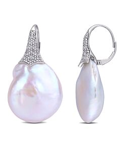 AMOUR 20-20.5mm Cultured Freshwater White Coin Pearl and 1/4 CT TW Diamond Leverback Drop Earrings In 14K White Gold