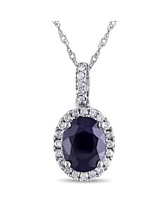 AMOUR Oval Diffused Sapphire and 1/4 CT TW Diamond Halo Pendant with Chain In 14K White Gold
