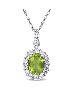 AMOUR Oval Shape Peridot, White Topaz and Diamond Accent Vintage Pendant with Chain In 14K White Gold