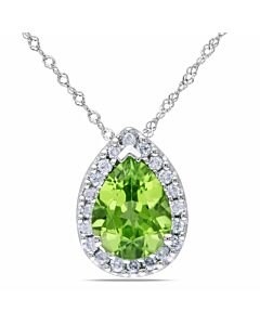 AMOUR Pear Shaped Peridot and 1/5 CT TW Diamond Halo Pendant with Chain In 14K White Gold