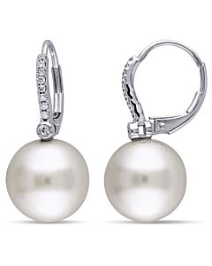 AMOUR 11 - 12 Mm South Sea Cultured Pearl and 1/8 CT TW Diamond Leverback Earrings In 14K White Gold