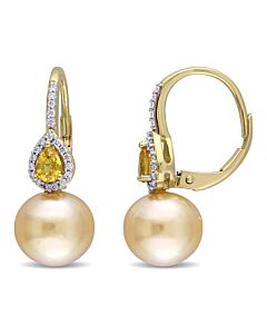 AMOUR 1/8 CT TW Diamond, 9 - 9.5 Mm Golden South Sea Pearl and Yellow Sapphire Drop Leverback Earrings In 14K Yellow Gold