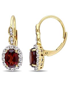 AMOUR Oval Shape Garnet, White Topaz, and Diamond Accent Vintage Leverback Earrings In 14K Yellow Gold