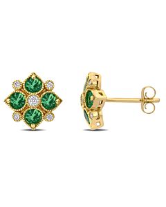 Amour-14k-Yellow-Gold-3-4-CT-TGW-Emerald-and-1-8-CT-TW-Diamond-Floral-Stud-Earrings
