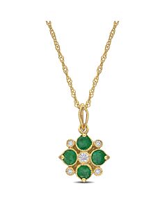 AMOUR 3/8 CT TGW Emerald and Diamond-accent Floral Pendant with Chain In 14K Yellow Gold
