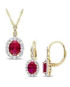 AMOUR 2-pc Set Of 4 1/2 CT TGW Oval-shaped Created Ruby, White Topaz and Diamond Accent Vintage Pendant with Chain and Leverback Earrings In 14K Yello