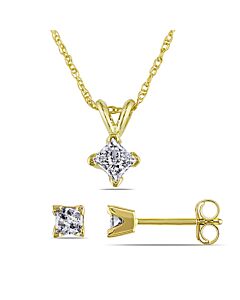 AMOUR 5/8 CT TW Princess Cut Diamond Solitaire Pendant with Chain and Stud Earrings 2-piece Set In 14K Yellow Gold
