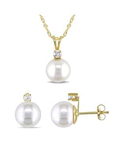 AMOUR 2-pc Set Of 8-9 Mm Cultured Freshwater Pearl and 1/6 CT TW Diamond Stud Earrings and Pendant with Chain In 14K Yellow Gold