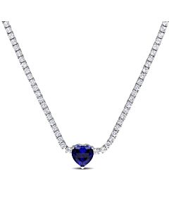 AMOUR 18 CT TGW Heart Shaped Created Sapphire and Created White Sapphire Tennis Necklace In Sterling Silver