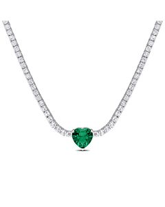 AMOUR 18 CT TGW Heart Shaped Green Cubic Zirconia and Created White Sapphire Tennis Necklace In Sterling Silver