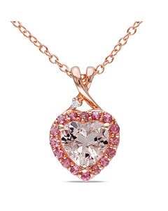 AMOUR Morganite, Pink Tourmaline and Diamond Heart Halo Pendant with Chain In Rose Plated Sterling Silver