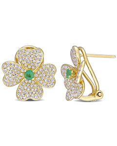 AMOUR 1/5 CT TGW Emerald and 1 CT TW Diamond Heart Clover Earrings In 14K White Gold