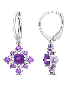 AMOUR 2 1/10 CT TGW Amethyst, African Amethyst and White Topaz Leverback Cluster Drop Earrings In Sterling Silver