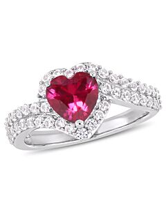 Amour 2 1/2 CT TGW Created White Sapphire and Created Ruby Heart Halo Engagement Ring in Sterling Silver