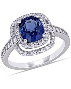 Amour 2 1/2 CT TGW Cushion Cut Sapphire and 1/2 Ct TW Diamond Double Halo Cocktail Ring in 14k White Gold