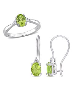 Amour 2 1/2 CT TGW Oval Peridot and Diamond Accent Ring and Euro Back Earrings Set in Sterling Silver