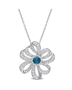 AMOUR 2 1/4 CT TGW London Blue Topaz and White Topaz Flower Pendant with Chain In Sterling Silver
