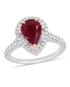 Amour 2 1/4 CT TGW Pear Shaped Ruby and 3/4 Ct Diamond Double Halo Ring in 14k 2-tone White & Rose Gold