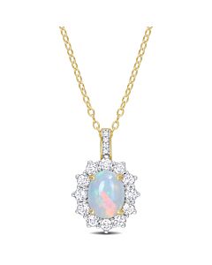 AMOUR 2 1/6 CT TGW Oval Shape Blue Ethiopian Opal and White Topaz and Diamond Accent Halo Pendant with Chain In Yellow Plated Sterling Silver