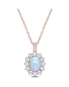 AMOUR 2 1/6 CT TGW Oval Shape Blue Ethiopian Opal and White Topaz and Diamond Accent Halo Pendant with Chain In Rose Plated Sterling Silver