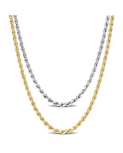 AMOUR 2.2mm Rope Chain Necklace Set 18 Inch 18k Yellow Gold Plated and 16 Inch White Sterling Silver