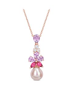 AMOUR 9.5-10mm Pink Freshwater Cultured Pearl 2 3/8 CT TGW Rose De France and White and Pink Topaz Floral Drop Pendant In Rose Plated Sterling Silver