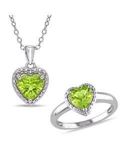 Amour 2 5/8 CT TGW Heart-Cut Peridot Pendant with Chain and Ring Set in Sterling Silver