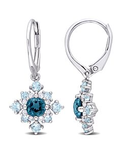 AMOUR 2 5/8 CT TGW London Blue Topaz, Sky Blue Topaz and White Topaz Leverback Cluster Drop Earrings In Sterling Silver