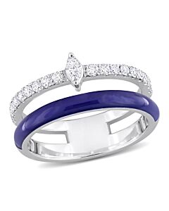 Amour 2/5 CT TDW mARQUIse and Round Diamond Double Band Ring in 14k White Gold and Blue Enamel