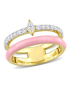 Amour 2/5 CT TDW Marquise and Round Diamond Double Band Ring in 14k Yellow Gold and Pink Enamel