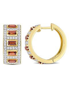 Amour 3 1/10 CT TGW Baguette Garnet and White Topaz Hoop Earrings in Yellow Plated Sterling Silver