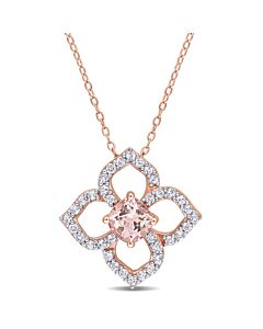 AMOUR 2 CT TGW Morganite and White Topaz Floral Pendant with Chain In Rose Plated Sterling Silver