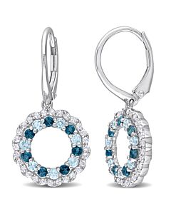 AMOUR 2 CT TGW Sky Blue Topaz, London Blue Topaz and White Topaz Open Circle Drop Leverback Earrings In Sterling Silver