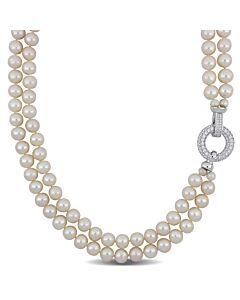 AMOUR 7-8mm Freshwater Cultured Pearl 2-Strand Necklace with Cubic Zirconia Clasp In Sterling Silver, 16 & 17 In