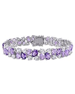 AMOUR 27 1/6 CT TGW Rose De France Amethyst and Created White Sapphire Vintage Bracelet In Sterling Silver