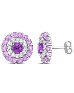 AMOUR 3 1/2 CT TGW Amethyst, African Amethyst and White Topaz Double Halo Stud Earrings In Sterling Silver