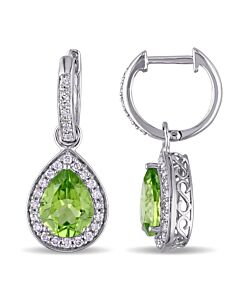 Amour 3 1/3 CT TGW Pear Shaped Peridot and 1/2 CT TW Diamond Halo Earrings in 14k White Gold