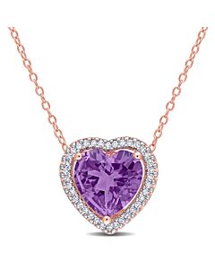 AMOUR 3 1/4 CT TGW Amethyst and 1/5 TW Diamond Halo Heart Necklace with Chain In Rose Plated Sterling Silver