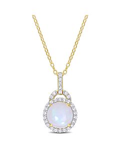 AMOUR 3 1/4 CT TGW Blue Ethiopian Opal and White Topaz Halo Pendant with Chain In Yellow Plated Sterling Silver