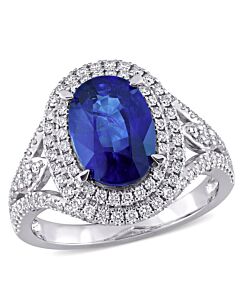 Amour 3 1/5 CT TGW Oval Blue Sapphire and 3/4 CT TDW Diamond Halo Cocktail Ring in 14k White Gold