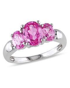 Amour 3 1/6 CT TGW Created Pink Sapphire 3 Stone Ring in Sterling Silver