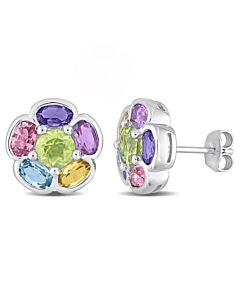 AMOUR 3 3/4 CT TGW Multi-gem Floral Stud Earrings In Sterling Silver