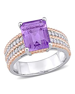 Amour 3 3/5 CT TGW Octagon Amethyst and White Topaz Cocktail Ring in White and Rose Plated Sterling Silver