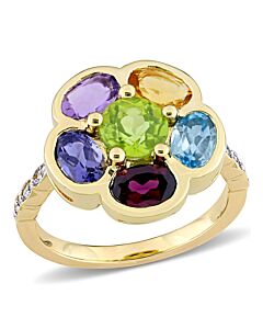 Amour 3 3/8 CT TGW Rhodolite Citrine Swiss- Blue Topaz Amethyst Iolite Peridot and Diamond Accent Floral Ring in Yellow Plated Sterling Silver