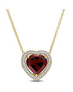 AMOUR 3 4/5 CT TGW Garnet and 1/5 TW Diamond Halo Heart Necklace with Chain In Yellow Plated Sterling Silver