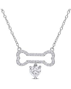 AMOUR 3/4 CT DEW Created Moissanite Dog Bone with Hanging Heart Necklace In Sterling Silver