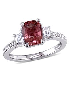 Amour 3/4 CT TW Trapezoid and Round Diamond and Pink Tourmaline 3-stone Engagement Ring in 14k White Gold